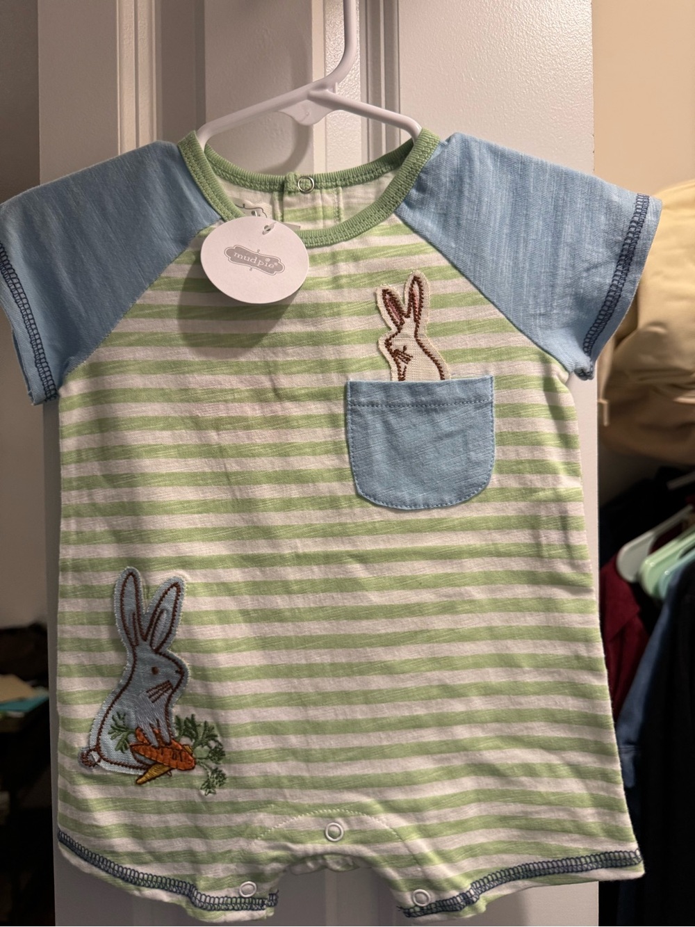 Mud Pie Striped Green & White Baby Romper with Blue Pocket and Bunny Applique